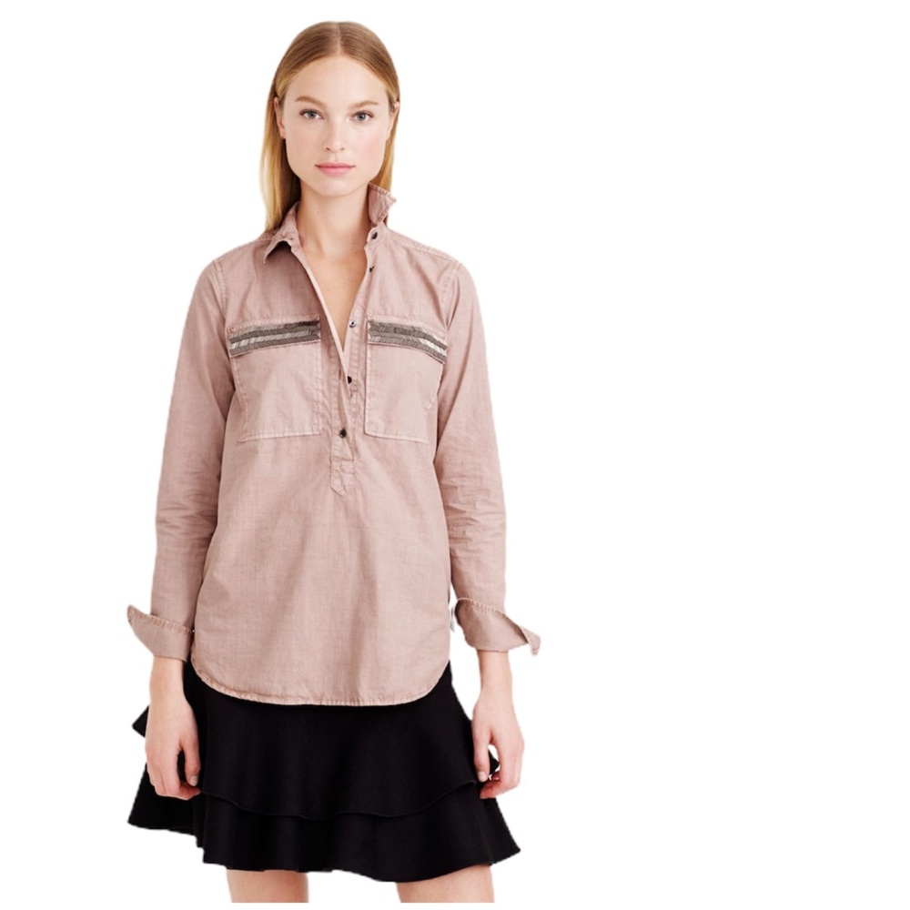 J. CREW Beaded Embellished Pocket Tunic Button Down Shirt Top Tan Pink Small 4